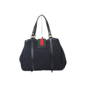 Gucci Canvas Line Leather Handbag Bag Black Sherry